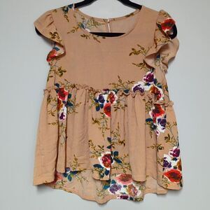 Tan Floral Short Sleeve Shirt